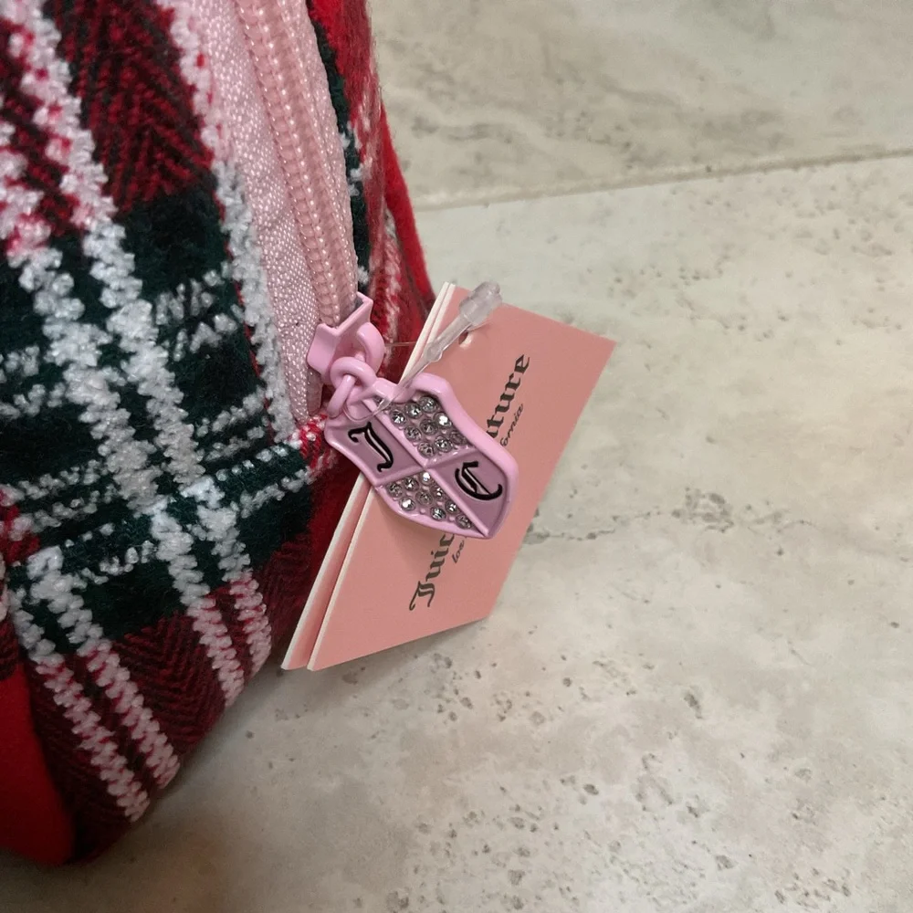 Juicy Couture Red Plaid Zip Cosmetic Pouch with Pink Logo NWT
